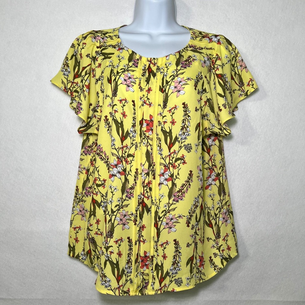 Worthington Yellow Floral Cottage Romantic Boho Chic Flutter Sleeve Women Top PL